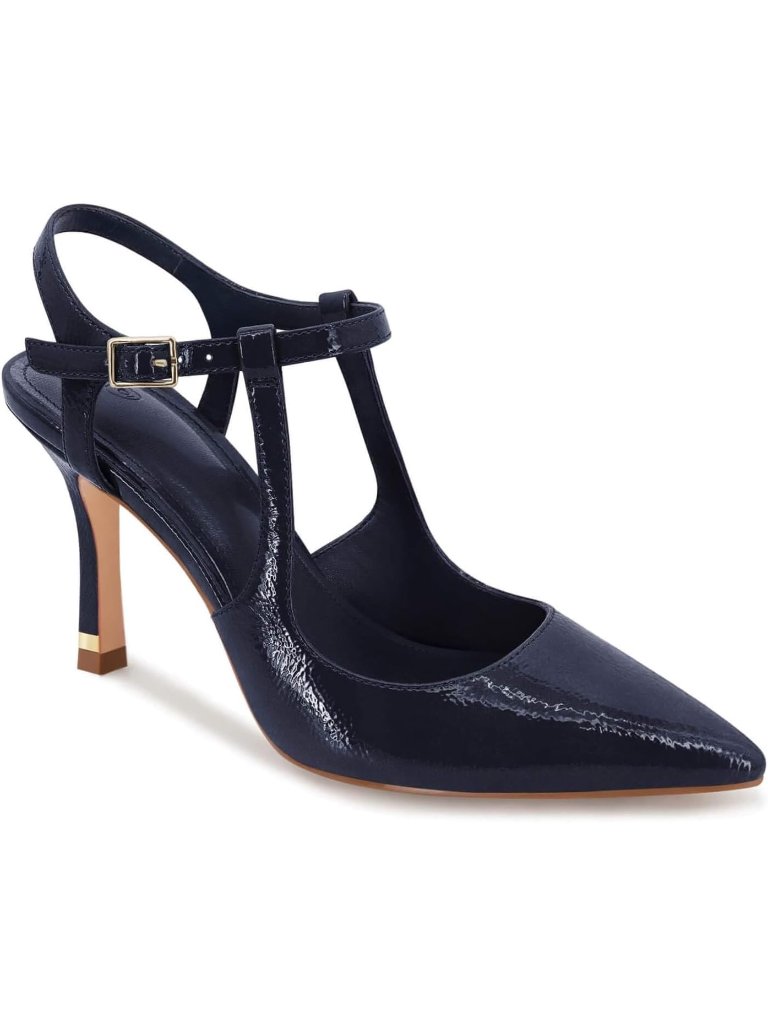 Women's Navy High Heels Pointed Toe Ankle Strap Pumps Patent Leather Stilettos